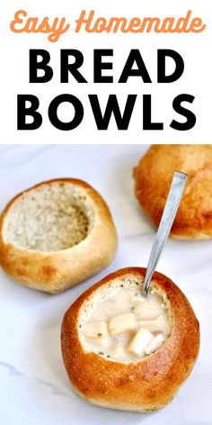 an easy homemade bread bowl recipe with cream cheese in it and the title overlay reads, easy homemade bread bowl