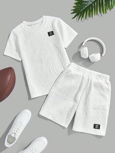 Tween Boys' Casual Street Style Letter Printed Suit With Embossed Patch Detail White Casual  Short Sleeve Knitted Fabric Colorblock,Letter  Slight Stretch  Tween Boys Clothing, size features are:Bust: ,Length: ,Sleeve Length: Stylish Boy Clothes, New Mexico Style, Stylish Boy, Cargo Ships, Printed Suit, Mexico Style, Men Stylish Dress, Flat Lays, Slim Fit Top