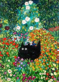 a painting of a black cat in a field of flowers