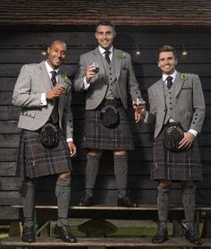 Grey Spirit Kilt with grey tweed argyll jacket for hire. Call 0117 9737461 for prices or book your appointment online at www.menshire.co.uk. 5th outfit free Tartan Wedding, Scottish Dress, Casual Wedding Attire, Winter Wedding Outfits, Tartan Fashion, Kilt Outfits