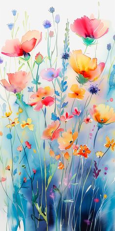 an abstract painting of colorful flowers in blue and pink colors with watercolors on paper