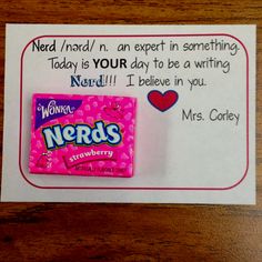 a candy bar with the words nerds written on it next to a valentine's day card