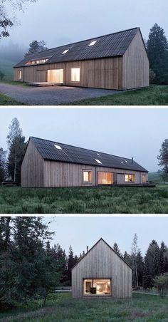 two pictures of the inside and outside of a wooden house with windows on each side