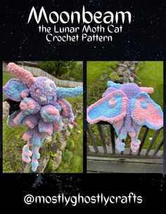 a crocheted stuffed animal that looks like an elephant with pink and blue wings