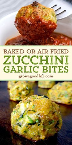 baked or air fried zucchini garlic bites on a plate with a fork in it