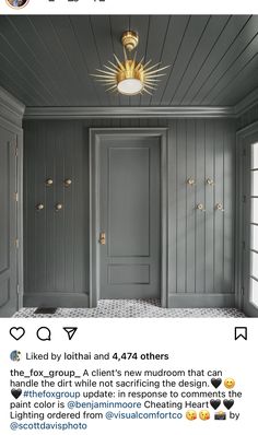 an instagramted photo of a gray room with gold accents