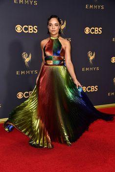 2017 • 69th Annual Primetime Emmy Awards — Tessa (Lynne) Thompson glows in a metallic rainbow dress | Photo: Frazer Harrison / GETTY Images 💠 Amer actress/singer/songwriter (b. 3 Oct 1983 in L.A., CA • Her breakthrough role was in Tina Mabry's independent film “Mississippi Damned” • TV shows: “Westworld,” “Veronica Mars,” “Copper” & “Hidden Palms.” Sparkly Outfits, Zendaya Outfits, The Emmys, Rosie Assoulin, Metal Clothing, Rainbow Dress, Emmy Awards, On The Red Carpet