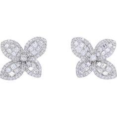 Delight in the elegance and sophistication that comes with our exquisite 18K White Gold Diamond Flower Earrings. Each earring, meticulously crafted to resemble a delicate flower in bloom, is adorned with a stunning array of diamonds, totaling 2.25 carats. These earrings showcase a harmonious blend of round and baguette diamonds, arranged artfully to capture the light from every angle, creating a dazzling display of brilliance.The intricate design features a cluster of diamonds at the center, sur Luxury Flower Shaped Cluster Earrings For Formal Occasions, Luxury Flower Shaped Cluster Earrings For Formal Events, Luxury Flower-shaped Cluster Earrings For Formal Occasions, Luxury Flower Shaped Formal Earrings, Luxury Flower-shaped Formal Earrings, Luxury Floral Earrings For Formal Occasions, Luxury Flower Shaped Diamond Earrings With Accents, Luxury Flower-shaped Diamond Earrings With Accents, Formal Flower Shaped Diamond Earrings With Accents