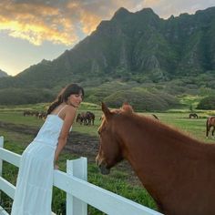 a woman standing next to a brown horse on top of a lush green field under a cloudy sky