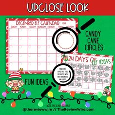 a christmas themed calendar with the words ugly close look and candy cane circles on it