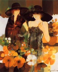 two women in hats standing next to each other with flowers on the ground behind them