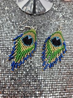 Miyuki beads peacock feathers earrings, handwoven silver plated earrings hooks Beading Earring, Feathers Earrings, Beaded Birds, Beading Earrings, Peacock Feather Earrings, Beaded Earrings Native, Native Beadwork, Beading Ideas, Miyuki Beads