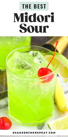 the best midori sour cocktail recipe with cherries and limes on the side