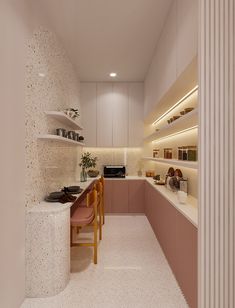 a long narrow kitchen with white walls and flooring, along with shelving on the wall