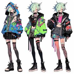 three anime characters with different outfits and hair, one is wearing a green jacket and the other has black boots