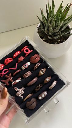 a person is holding an assortment of pins in a clear box next to a succulent plant