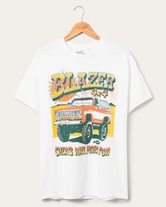 Chevy Blazer Flea Market Tee | Junk Food Clothing Vintage Adventure Graphic T-shirt, Retro Outdoor Graphic Print T-shirt, Retro Graphic Print T-shirt For Outdoor, Vintage Graphic Print T-shirt For Adventure, Vintage Screen Print T-shirt For Outdoor Activities, Vintage Screen Print T-shirt For Outdoor, Vintage T-shirt With Letter Print For Outdoor Activities, Vintage Graphic Print T-shirt For Outdoor, Retro Crew Neck T-shirt For Outdoor Activities