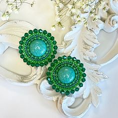 Beadwork Handmade Bohemian Green Crystal Earrings, Bohemian Green Handmade Crystal Earrings, Handmade Green Crystal Earrings With Round Beads, Green Beaded Crystal Earrings, Adjustable Beaded Czech Glass Crystal Earrings, Green Beaded Earrings With Large Beads For Gift, Adjustable Green Beaded Earrings, Adjustable Beaded Clip-on Earrings With Round Beads, Adjustable Turquoise Beaded Earrings For Party