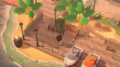 an aerial view of a pier with boats and palm trees on the shore, in animal crossing