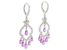 The pink sapphire briolettes suspended from an openwork diamond line, with scroll motifs, from diamond-set lever tops, in 18k white gold. Dressy Hats, Jewellery Marketing, Diamond Set, Belle Epoque, Cut Design, Chandelier Earrings, Pink Sapphire, The Pink, White Gold Diamonds