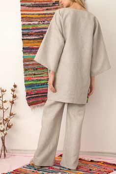 Summer Linen Sets With Straight Pants, Relaxed Fit Linen Sets For Spring, Casual Beige Linen Set, Casual Linen Pant Set For Spring, Spring Casual Linen Pant Set, Spring Linen Long Sleeve Pant Set, Relaxed Fit Linen Sets With Straight Pants, Bohemian Linen Sets For Spring, Summer Linen Loungewear Pant Set