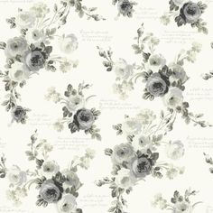 a white and black flowered wallpaper with lots of grey flowers on the side