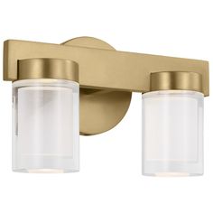 two light bathroom fixture with gold finish and frosted glass jars on the front side