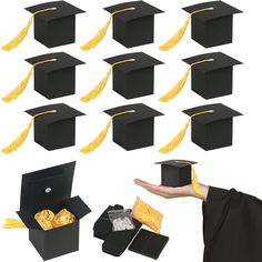 graduation caps and tassels are being held out by someone's hand,