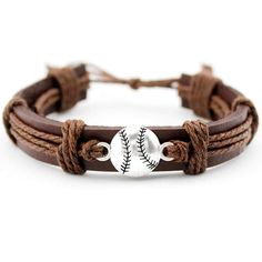 a baseball bracelet with a leather cord and silver ball on the front, is shown