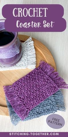 the crochet coaster set is sitting on a wooden tray next to a cup of coffee