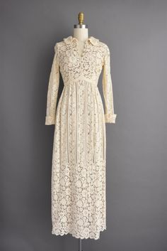 1970s Vintage Dress Lilli Rubin Ivory Cotton Lace Long | Etsy Retro V-neck Wedding Dress, Vintage Beige V-neck Maxi Dress, Vintage V-neck Wedding Dress, Vintage V-neck Maxi Dress For Garden Party, Vintage V-neck Maxi Dress For Formal Occasions, Vintage Lace Floor-length Dress, Vintage Floor-length Lace Dress, Vintage Beige Maxi Dress, Retro Floor-length Maxi Dress For Wedding