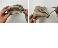 two pictures showing how to make a crochet purse