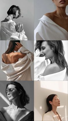 four different images of women in white and black outfits, one with her hair pulled back