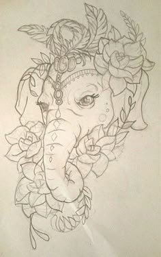 a drawing of an elephant with flowers on it's head