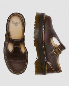 Versatile Shoes Women, Brown Mary Janes Outfit, Brown Docs, Sepatu Platform, Platform Mary Jane Shoes, Brown Dr Martens, Brown Mary Janes, Mary Jane Platform Shoes, Funky Shoes