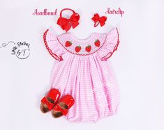 🎀 Welcome to MuslinblanketVN! We specialize in handcrafted children's dresses, offering a wide variety of styles, materials, and colors. Our attention to detail and quality craftsmanship are second to none. Every dress is made with care and can be customized to your specifications. Explore our collection and find the perfect dress for your little one! **Dress Details - Dress Color: Red, Pink,... - Material: Cotton Celebrate your little one's first birthday or any summer occasion in our charming Playful Pink Embroidered Dresses, Red Summer Baptism Dress, Gift Fitted Pink Dress, Pink Fitted Dress For Gift, Fitted Pink Dress For Gifts, Pink Fitted Dress As A Gift, Fitted Pink Dress As Gift, Strawberry Romper, Customised Birthday Gifts