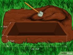 a hole in the ground with a shovel sticking out of it and measurements to be used