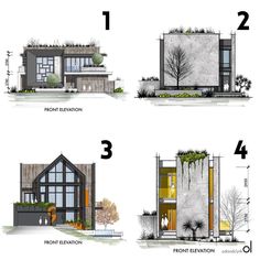 four diagrams showing different types of houses with plants growing on the roof and side walls