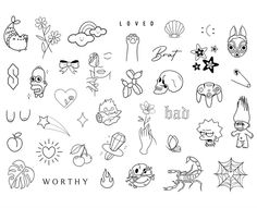 various cartoon tattoos on a white background