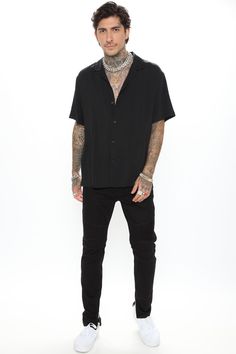 Available In Red, Black, And White. Short Sleeve Fold Down Collar Button Front 100% Viscose Imported | Mens Dawson Short Sleeve Woven Top in Black size Large by Fashion Nova Black Relaxed Fit Short Sleeve Streetwear Shirt, Casual Collared Shirt For Night Out, Black Relaxed Fit Short Sleeve Shirt For Streetwear, Fitted Black Short Sleeve Shirt, Casual, Fitted Black Short Sleeve Casual Shirt, Black Fitted Short Sleeve Casual Shirt, Spring Short Sleeve Shirt For Night Out, Spring Night Out Short Sleeve Shirt, Casual Button-up Shirt For Night Out