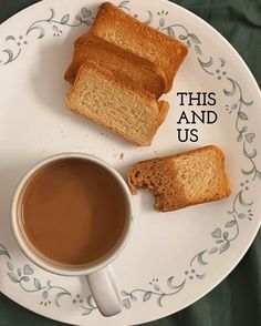 a plate with slices of bread and a cup of coffee