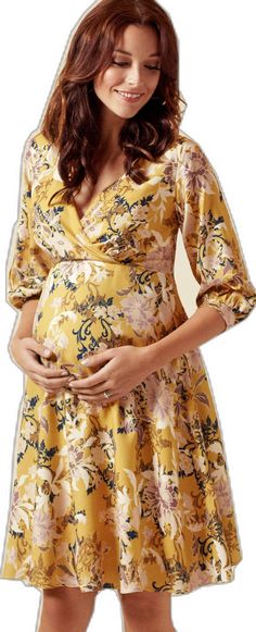 Long Sleeve Floral Print Maternity Dress, Maternity Dress With 3/4 Sleeves, Fitted Yellow Maternity Dress, Maternity Long Sleeve Floral Print Dress, Long Sleeve Maternity Dress With Floral Print, Maternity Wedding Dresses, Maternity Wedding, Tiffany Rose, Saffron Yellow