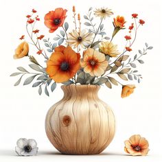 an arrangement of flowers in a wooden vase on a white background with leaves and stems