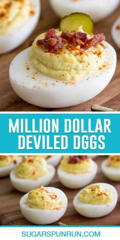 deviled eggs with bacon and cheese on them