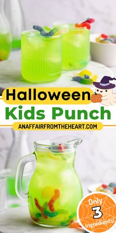 A glass jug with Halloween kids punch and gummy worms. Halloween Fruit Sticks, Dye Free Halloween Punch, Infant Halloween Party Ideas, Halloween Snack Craft, Witches Brew Kids Punch, Fall Party Drinks For Kids, Spooky Halloween Food For Kids, Halloween Meal For Kids, Healthy Punch Recipe For Kids