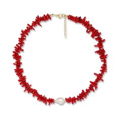 Beautiful red coral pieces attached to a red beaded choker with a single freshwater pearl.- Each item is handmade and unique, may have slight variations- The closure is copper- Length of Choker: 16" - Please allow 3-5 days for items to ship Handmade Red Coral Pearl Necklace, Adjustable Red Pearl Necklace Gift, Red Choker Necklace With Lobster Clasp, Handmade Red Coral Pearl Necklace Gift, Adjustable Red Pearl Necklace, Handmade Adjustable Red Pearl Necklace, Adjustable Handmade Red Pearl Necklace, Handmade Red Shell Necklace Gift, Handmade Red Shell Necklace For Gift