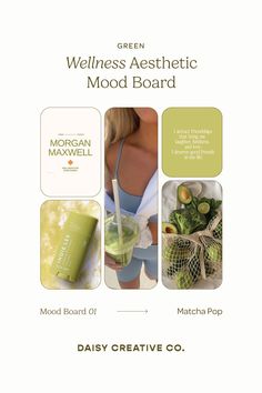 green mood board Wellness Brand Identity, Green Mood Board, Instagram Mood Board, Brand Mood Board, Elegant Instagram, Wellness Instagram, Wellness Branding, Green Branding, Brand Inspiration Board