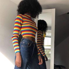 Aesthetic Outfits 90s, Rainbow Striped Top, Lesbian Outfits, Rainbow Outfit, Rainbow Sweater, Knit Crop, Striped Knit, Aesthetic Outfits, Knitwear Women