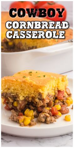 this cowboy cornbread casserole is loaded with ground beef, tomatoes and corn