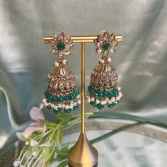 Antique gold base with crystal with black bead jhumka earrings. 6 cm length x bell 3 cm wide  Ready to ship 📦 Indian Jhumka, Antique Gold Earrings, Pakistani Style, Jhumka Earrings, Wedding Jewelry Earrings, Jewellery Gift, Fashion Jewellery, Wedding Earrings, Black Beads